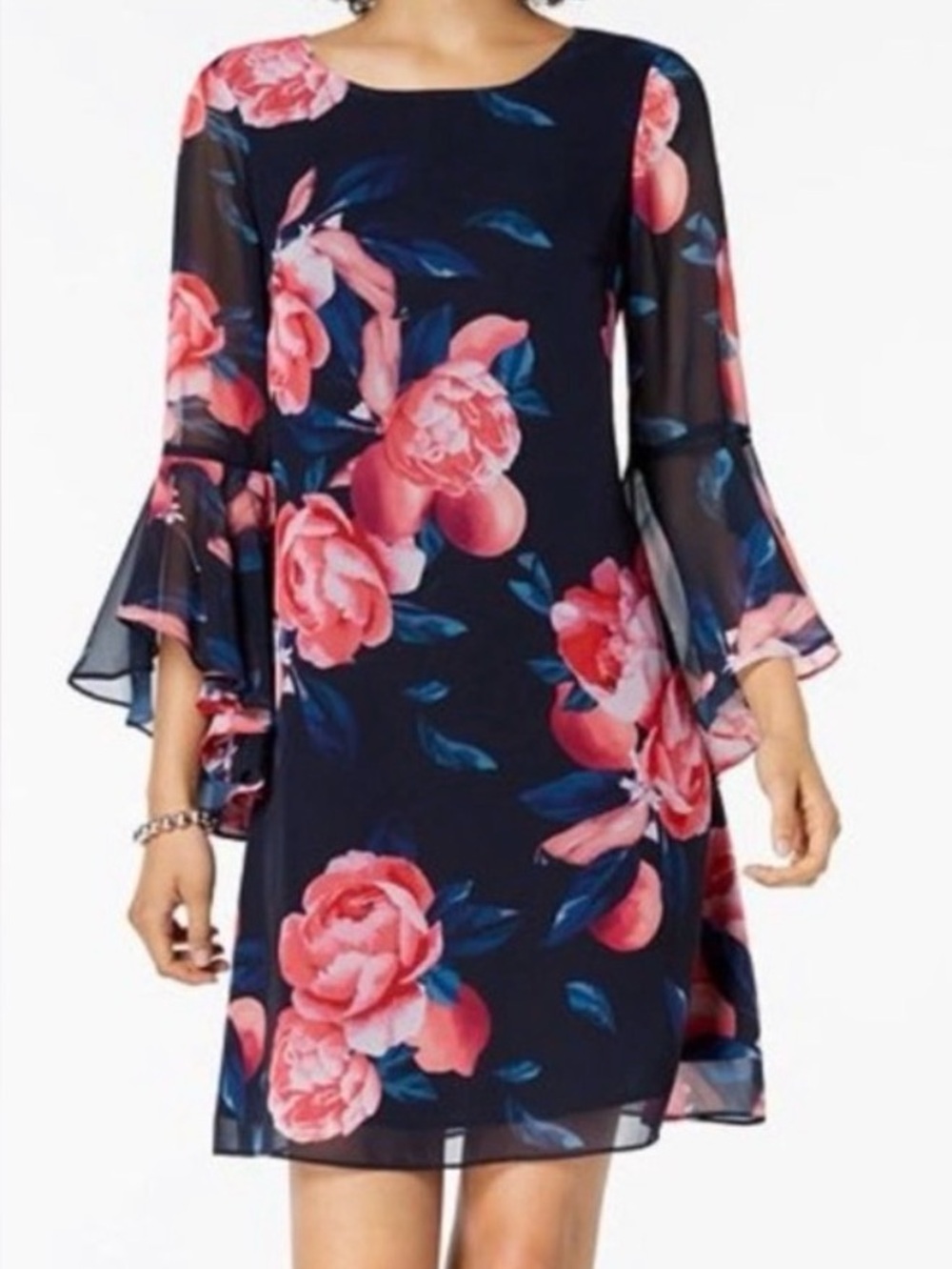 💙🩷 Nine West Navy Tunic Dress with Pink Floral Ruffles 💙🩷